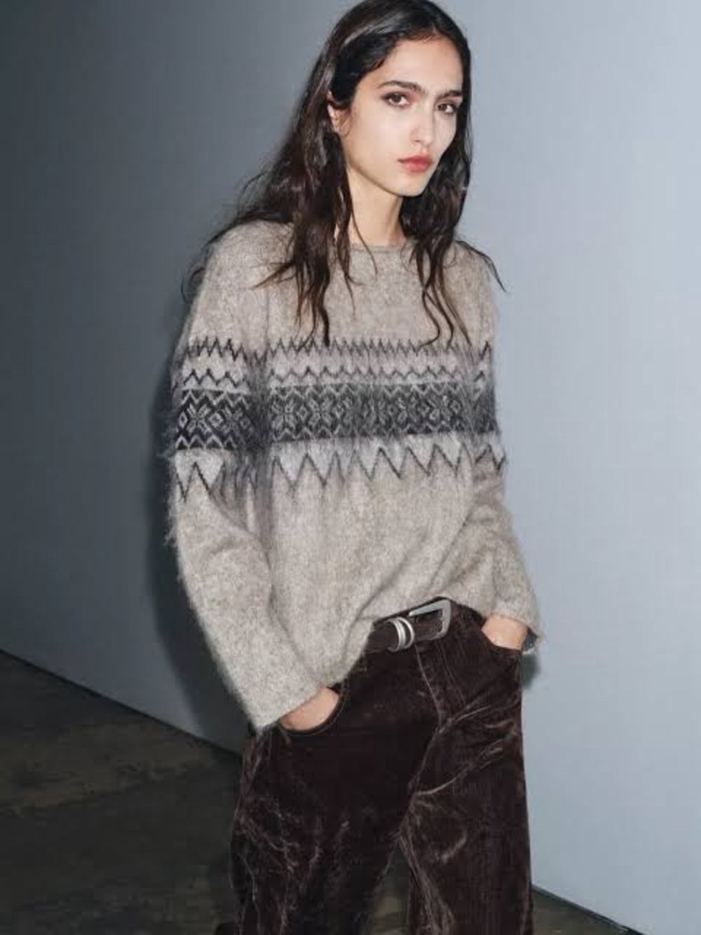 Zara Cozy Fair Isle Crewneck Sweater in Light Gray oversized for size medium